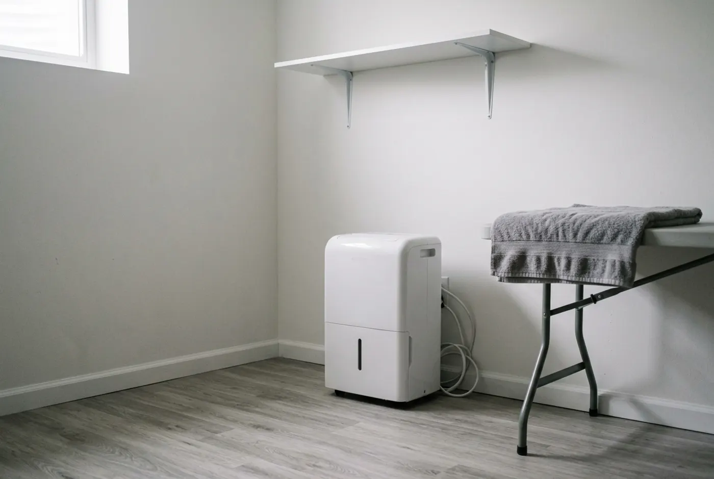 A portable dehumidifier standing in a finished basement laundry corner