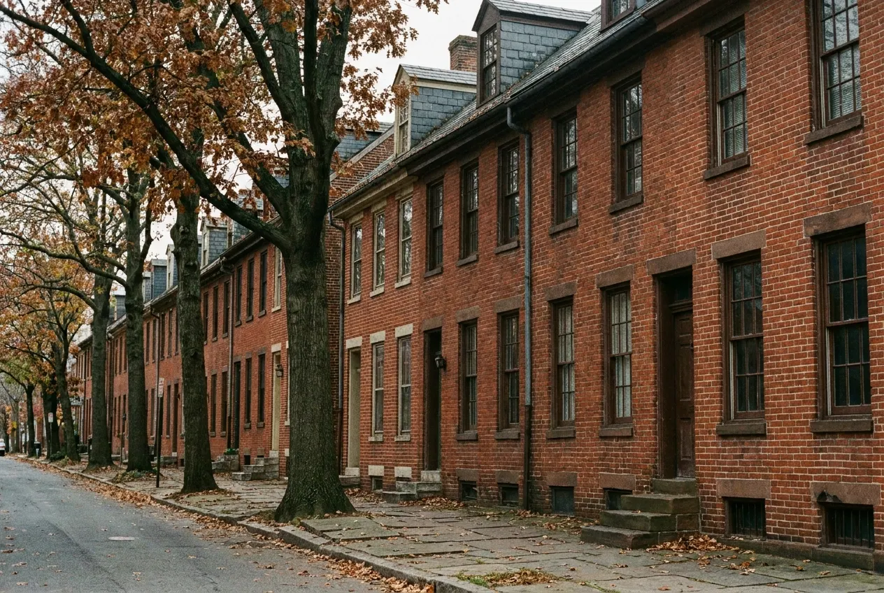 A block of historic brick rowhouses near downtown Gettysburg, Pennsylvania