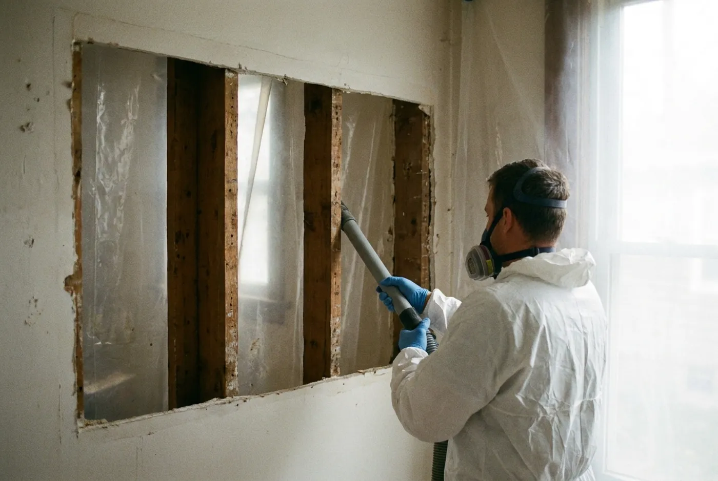 Technician in a protective suit and respirator HEPA vacuuming exposed wall studs