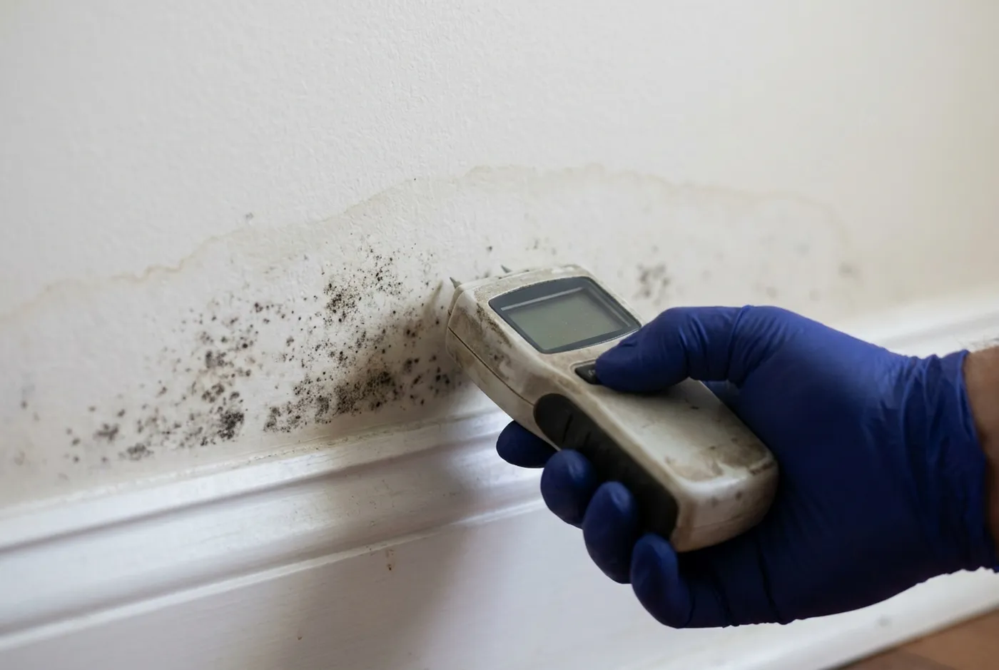 Gloved hand holding a moisture meter against drywall with mold spots above the baseboard