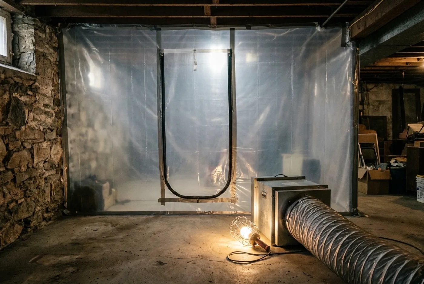 Plastic sheeting containment with a zippered door and a HEPA air scrubber in a basement