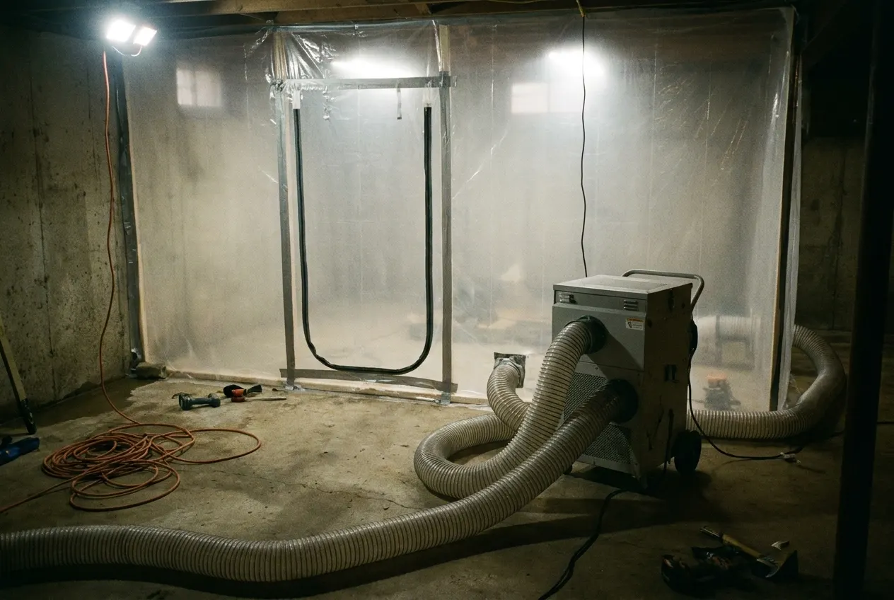 A mold remediation containment setup in a basement with clear plastic sheeting and a HEPA air scrubber