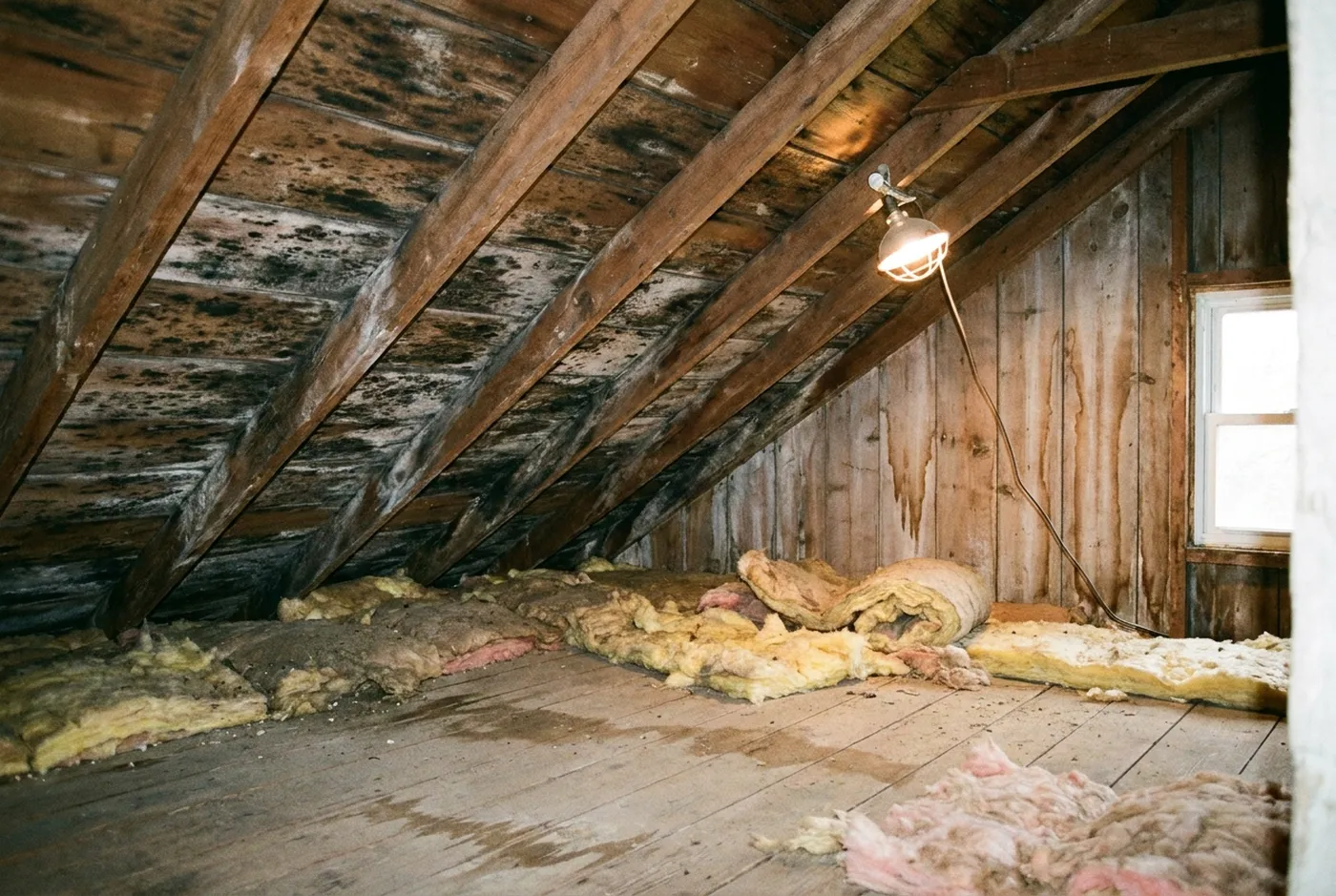 Black mold spotting on the underside of attic roof sheathing between old rafters