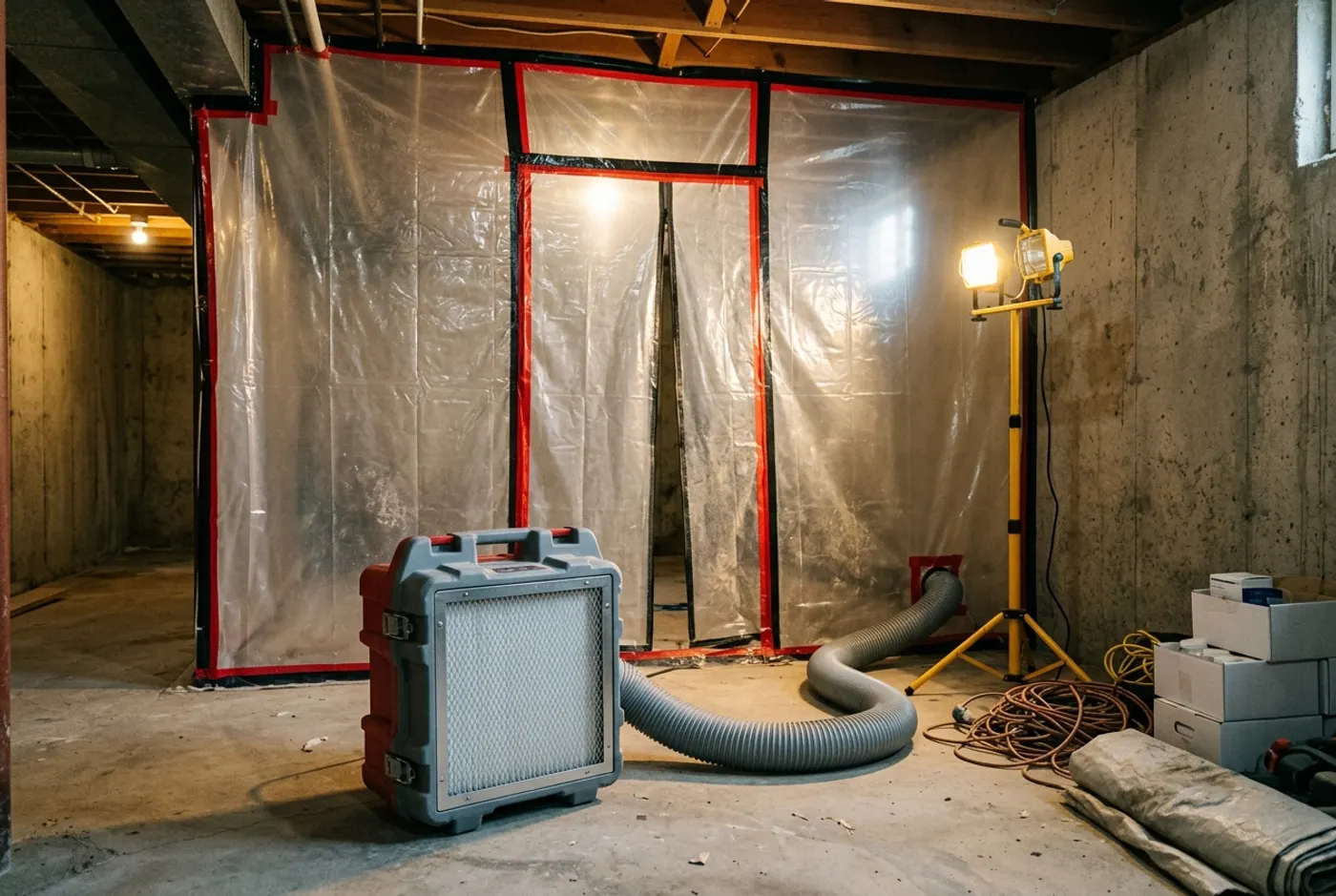 A plastic sheeting containment barrier and a HEPA air scrubber set up in a basement during a remediation job